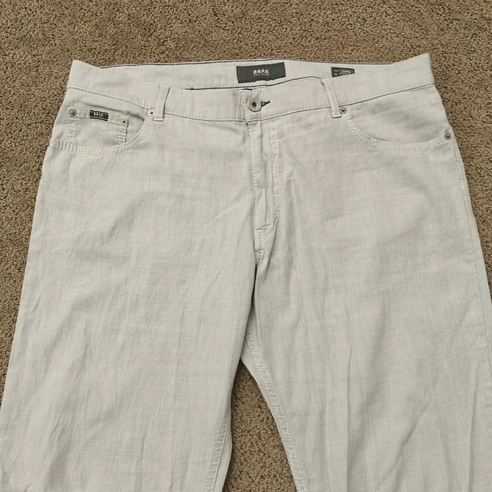Brax Cooper Regular Fit Pants‎ Mens 38/32 Light Grey Cotton Stretch Micro Check